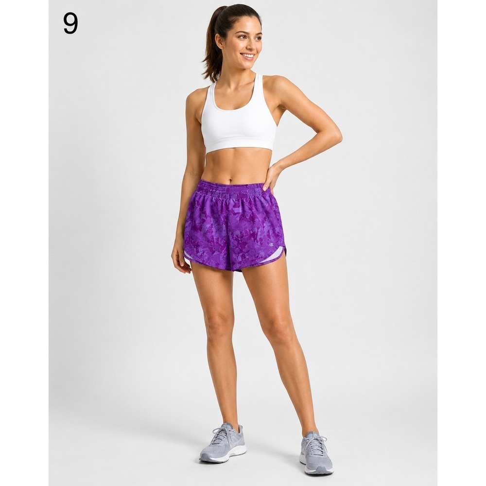 Champion Running Shorts Womens Small Purple Built-in Briefs Pocket Elastic Waist